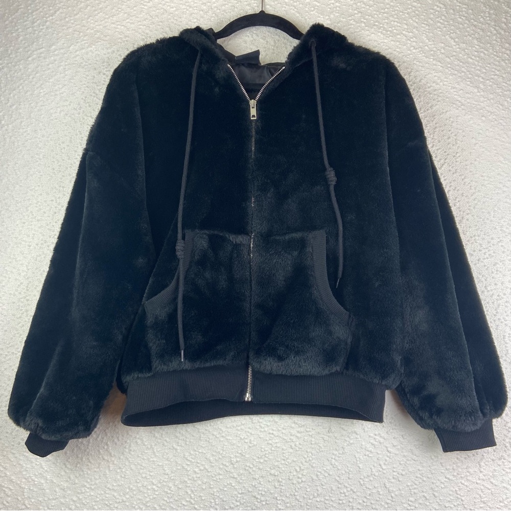 Black Faux Fur Hooded coat. Size Medium.